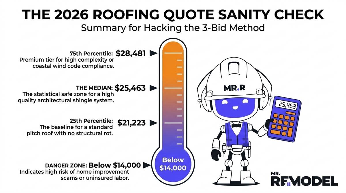 A 2026 roofing cost summary infographic showing the $21,223 to $28,481 interquartile price range to help homeowners analyze contractor quotes.